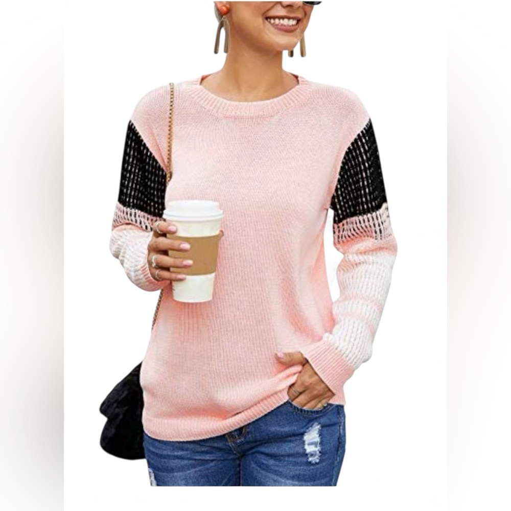Koitmy Women’s Cute Contrast Sleeve Knitted Pullover Sweater